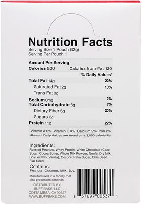 الطعام، المربيات، سبرياد Buff Bake, White Chocolate Protein Peanut Spread, 10 Squeeze Packs, 1.15 oz (32 g) Each