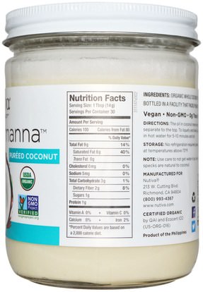 الغذاء والمربيات انتشار، الفواكه المجففة، جوز الهند كله Nutiva, Organic, Coconut Manna, Pureed Coconut, 15 oz (425 g)