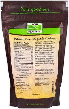 الغذاء، بذور المكسرات الحبوب، الكاجو Now Foods, Real Food, Organic, Whole, Raw Cashews, Unsalted, 10 oz (284 g)