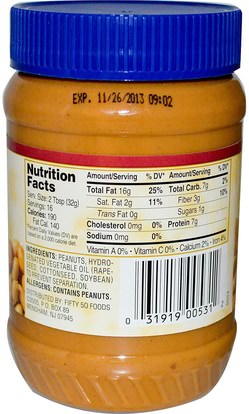 الطعام، زبدة الفول السوداني Fifty 50, Low Glycemic Peanut Butter, Crunchy, 18 oz (510 g)