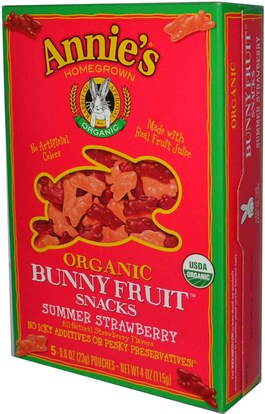 الطعام، الوجبات الخفيفة، الحلوى Annies Homegrown, Organic Bunny Fruit Snacks, Summer Strawberry, 4 oz (115 g)