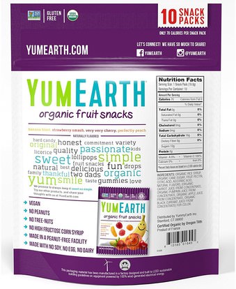 الطعام، الوجبات الخفيفة، الحلوى، وجبات خفيفة الفاكهة YumEarth, Organic Fruit Snacks, Original, 10 Packs, 0.7 oz (19.8 g) Each