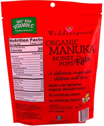 الطعام، الوجبات الخفيفة، الحلوى Wedderspoon, Organic Manuka Honey Pops For Kids, Raspberry, 24 Count, 4.15 oz