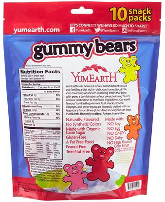 الطعام، الوجبات الخفيفة، الحلوى YumEarth, Gummy Bears, Assorted Flavors, 10 Snack Packs, 25.5 g Each