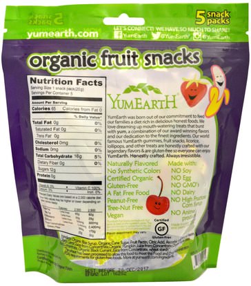 الطعام، الوجبات الخفيفة، الحلوى YumEarth, Organic Fruit Snacks, Banana, Cherry, Peach & Strawberry, 5 Packs, 0.70 oz (20 g) Each