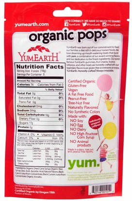 الطعام، الوجبات الخفيفة، الحلوى YumEarth, Organic Pops, Assorted Flavors, 14 Lollipops, 3 oz (85 g)