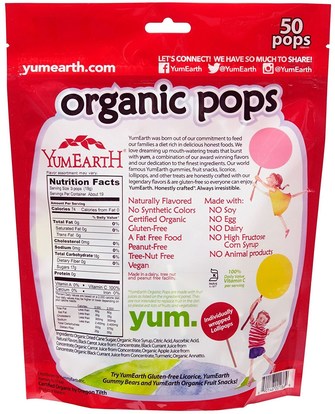 الطعام، الوجبات الخفيفة، الحلوى YumEarth, Organic Pops, Assorted Flavors, 50 Pops, 12.3 oz (349 g)