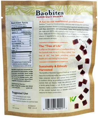 الغذاء، والوجبات الخفيفة، مقتطفات الفاكهة، سوبر الفواكه Flora, Baobites, Blood Orange, 6.17 oz (175 g)