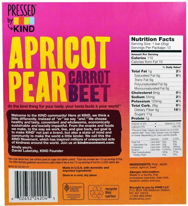 الطعام، الوجبات الخفيفة، وجبات خفيفة صحية KIND Bars, Pressed by KIND, Apricot, Pear, Carrot & Beet, 12 Fruit Bars - 1.2 oz (35 g) Each