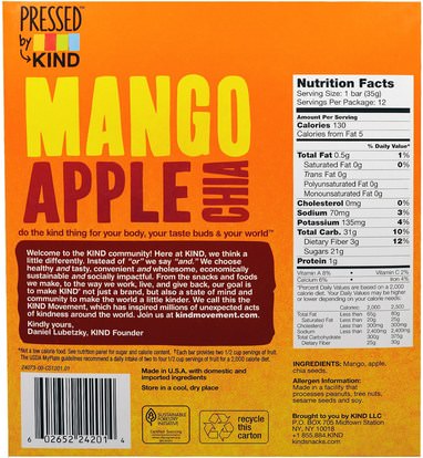 الطعام، الوجبات الخفيفة، وجبات خفيفة صحية KIND Bars, Pressed by KIND, Mango, Apple & Chia, 12 Fruit Bars - 1.2 oz (35 g)