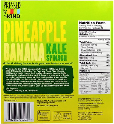 الطعام، الوجبات الخفيفة، وجبات خفيفة صحية KIND Bars, Pressed by KIND, Pineapple, Banana, Kale & Spinach, 12 Fruit Bars - 1.2 oz (35 g) Each