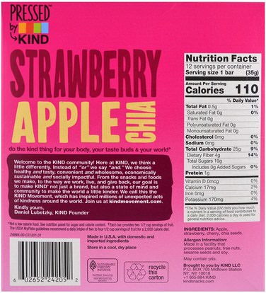 الطعام، الوجبات الخفيفة، وجبات خفيفة صحية KIND Bars, Pressed by KIND, Strawberry Apple Chia, 12 Fruit Bars, 1.2 oz (35 g) Each