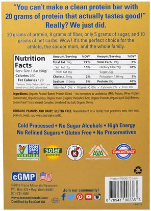 والوجبات الخفيفة، والوجبات الخفيفة الصحية، والرياضة، والحانات البروتين Trace Minerals Research, TRMFit Series Clean Protein Bar, Peanut Butter Cookie Dough with Goji Berries, 12 Bars, 2 oz (58 g) Each