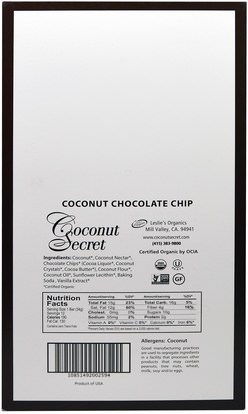 الطعام، الوجبات الخفيفة، الوجبات الصحية الصحية، المكملات الغذائية، الحانات الغذائية Coconut Secret, Organic Coconut Chocolate Chip Ungranola Bar, 12 Bars, 1.2 oz (34 g) Each