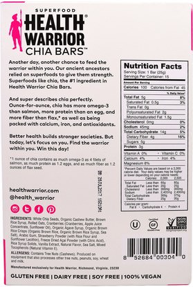 الطعام، الوجبات الخفيفة، الوجبات الصحية الصحية، المكملات الغذائية، الحانات الغذائية Health Warrior, Inc., Chia Bars, Acai Berry, 15 Bars, 13.2 oz (375 g)