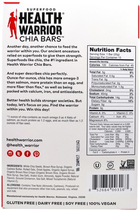 الطعام، الوجبات الخفيفة، الوجبات الصحية الصحية، المكملات الغذائية، الحانات الغذائية Health Warrior, Inc., Chia Bars, Apple Cinnamon, 15 Bars - (25 g) Each