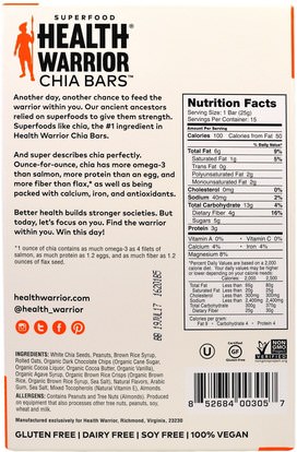 الطعام، الوجبات الخفيفة، الوجبات الصحية الصحية، المكملات الغذائية، الحانات الغذائية Health Warrior, Inc., Chia Bars, Chocolate Peanut Butter, 15 Bars, 13.2 oz (375 g)