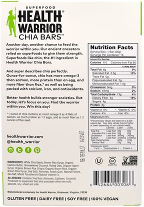 الطعام، الوجبات الخفيفة، الوجبات الصحية الصحية، المكملات الغذائية، الحانات الغذائية Health Warrior, Inc., Chia Bars, Coconut, 15 Bars, 13.2 oz (375 g)