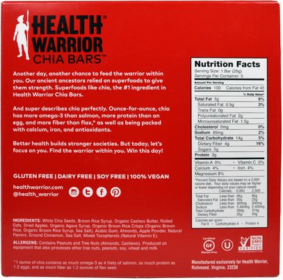 الطعام، الوجبات الخفيفة، الوجبات الصحية الصحية، المكملات الغذائية، الحانات الغذائية Health Warrior, Inc., Superfood Chia Bars, Apple Cinnamon, 5 Bars, 0.88 oz (25 g) Each