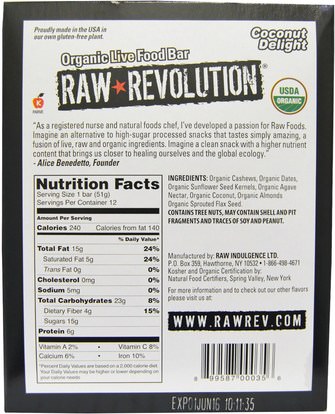 الطعام، الوجبات الخفيفة، الوجبات الصحية الصحية، المكملات الغذائية، الحانات الغذائية Raw Revolution, Organic Live Food Bar, Coconut Delight, 12 Bars, 1.8 oz (51 g) Each