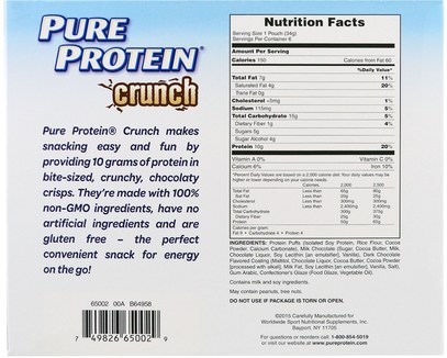 الطعام، الوجبات الخفيفة، بروتين Pure Protein, Crunch, Crispy Protein Bites, Double Chocolate, 6 Individually Wrapped Pouches, 1.20 oz (34 g ) Each