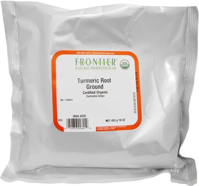 الطعام، التوابل والتوابل، الكركم التوابل، المكملات الغذائية، مضادات الأكسدة، الكركمين Frontier Natural Products, Certified Organic Ground Turmeric Root, 16 oz (453 g)