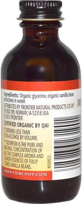 الغذاء، المحليات، الفانيليا استخراج الفول Frontier Natural Products, Organic, Vanilla Flavoring, Non-Alcoholic, 2 fl oz (59 ml)