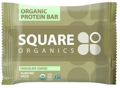 الطعام، الأطعمة النباتية، بروتين أشرطة Square Organics, Organic Protein Bar, Chocolate Coated Almond Spice, 12 Bars, 1.7 oz (48 g) Each