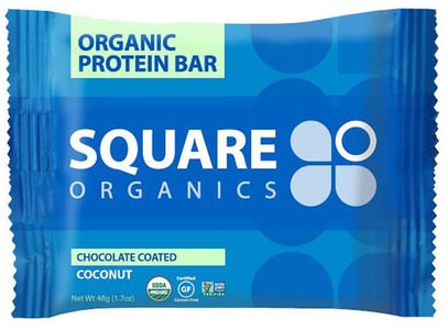 الطعام، الأطعمة النباتية، بروتين أشرطة Square Organics, Organic Protein Bar, Chocolate Coated Coconut, 12 Bars, 1.7 oz (48 g) Each