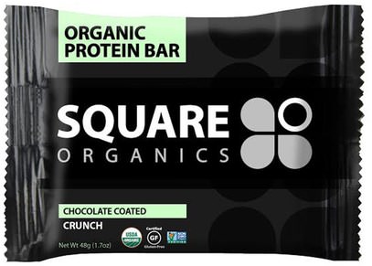 الطعام، الأطعمة النباتية، بروتين أشرطة Square Organics, Organic Protein Bar, Chocolate Coated Crunch, 12 Bars, 1.7 oz (48 g) Each