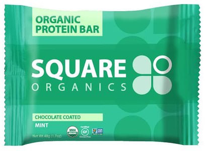 الطعام، الأطعمة النباتية، بروتين أشرطة Square Organics, Organic Protein Bar, Chocolate Coated Mint, 12 Bars, 1.7 oz (48 g) Each
