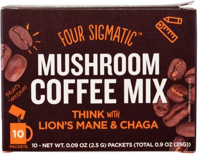 Four Sigmatic, Mushroom Coffee Mix, Think With Lions Mane & Chaga, 10 Packets, 0.09 oz (2.5 g) Each ,والمكملات الغذائية، والفطر الطبية، والأسود الفطر مين، الفطر تشاغا