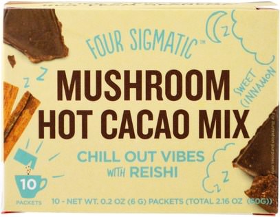 Four Sigmatic, Mushroom Hot Cacao Mix, Chill Out Vibes With Reishi, Sweet Cinnamon, 10 Packets, 0.2 oz (6 g) Each ,المكملات الغذائية، أدابتوغين، الفطر الطبية، الفطر ريشي، ريشي