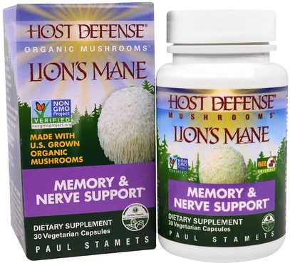 Fungi Perfecti, Host Defense, Lions Mane, Memory & Nerve Support, 30 Veggie Caps ,الصحة، اضطراب نقص الانتباه، إضافة، أدهد، الدماغ، الذاكرة