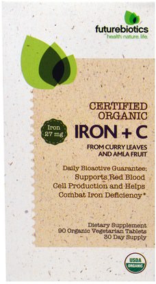 FutureBiotics, Certified Organic Iron + C, 90 Organic Veggie Tablets ,المكملات الغذائية، والمعادن، والحديد