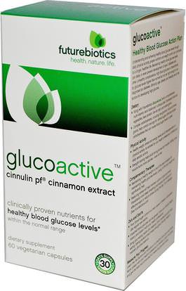 FutureBiotics, GlucoActive, Cinnulin PF Cinnamon Extract, 60 Veggie Caps ,الأعشاب، استخراج القرفة، الصحة، السكر في الدم