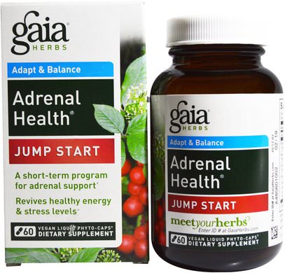 Gaia Herbs, Adrenal Health, Jump Start, 60 Vegan Liquid Phyto-Caps ,الصحة، دعم الكظرية