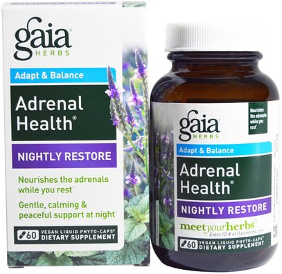 Gaia Herbs, Adrenal Health, Nightly Restore, 60 Vegan Liquid Phyto-Caps ,الصحة، دعم الكظرية