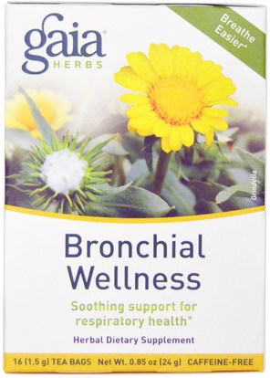 Gaia Herbs, Bronchial Wellness, Caffeine-Free, 16 Tea Bags, 1.5 g Each ,الغذاء، الشاي العشبية، الصحة، الرئة و القصبي