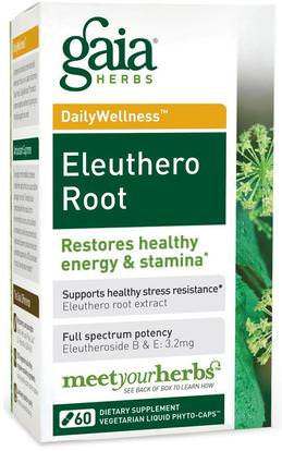 Gaia Herbs, DailyWellness, Eleuthero Root, 60 Vegetarian Liquid Phyto-Caps ,المكملات الغذائية، أدابتوغين، الانفلونزا الباردة والفيروسية، الجينسنغ، إليوثيرو