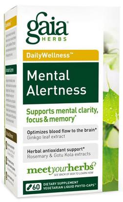 Gaia Herbs, DailyWellness, Mental Alertness, 60 Vegetarian Liquid Phyto-Caps ,الصحة، اضطراب نقص الانتباه، إضافة، أدهد، الدماغ، الذاكرة، الأعشاب، الجنكة بيلوبا