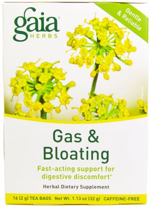 Gaia Herbs, Gas & Bloating, Caffeine-Free, 16 Tea Bags, 1.13 oz (32 g) ,الطعام، شاي العشبية، الصحة
