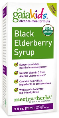Gaia Herbs, Kids, Black Elderberry Syrup, Alcohol-Free Formula, 3 fl oz (90 ml) ,صحة الأطفال، العلاجات العشبية للأطفال، الانفلونزا الباردة والفيروسية، إلديربيري (سامبوكوس)
