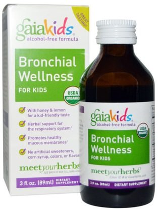 Gaia Herbs, Kids, Bronchial Wellness, for Kids, Alcohol-Free, 3 fl oz (89 ml) ,وصحة الأطفال، والعلاجات العشبية للأطفال، والسعال انفلونزا البرد