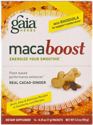 Gaia Herbs, MacaBoost, Real Cacao-Ginger, 14 Packets, 0.25 oz (7 g) Each ,والصحة، والطاقة