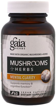 Gaia Herbs, Mushroom + Herbs, Mental Clarity, 60 Vegan Capsules ,والصحة، واضطراب نقص الانتباه، إضافة، أدهد، الدماغ