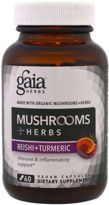 Gaia Herbs, Mushroom + Herbs, Reishi + Turmeric, 60 Veggie Caps ,المكملات الغذائية، مضادات الأكسدة، الكركمين