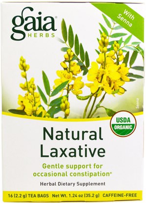 Gaia Herbs, Natural Laxative, Caffeine-Free, 16 Tea Bags, 1.24 oz (35.2 g) ,والصحة، والإمساك