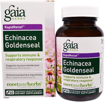 Gaia Herbs, RapidRelief, Echinacea Goldenseal, 60 Vegetarian Liquid Phyto-Caps ,المكملات الغذائية، المضادات الحيوية، إشنسا و غولدنزيل، الصحة، جهاز المناعة