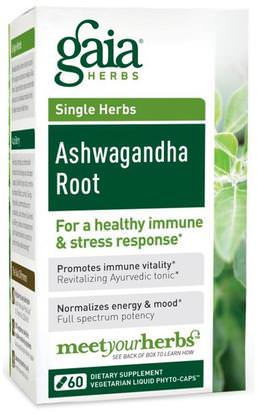 Gaia Herbs, Single Herbs, Ashwagandha Root, 60 Veggie Liquid Phyto-Caps ,المكملات الغذائية، أدابتوغين، الانفلونزا الباردة والفيروسية، جهاز المناعة
